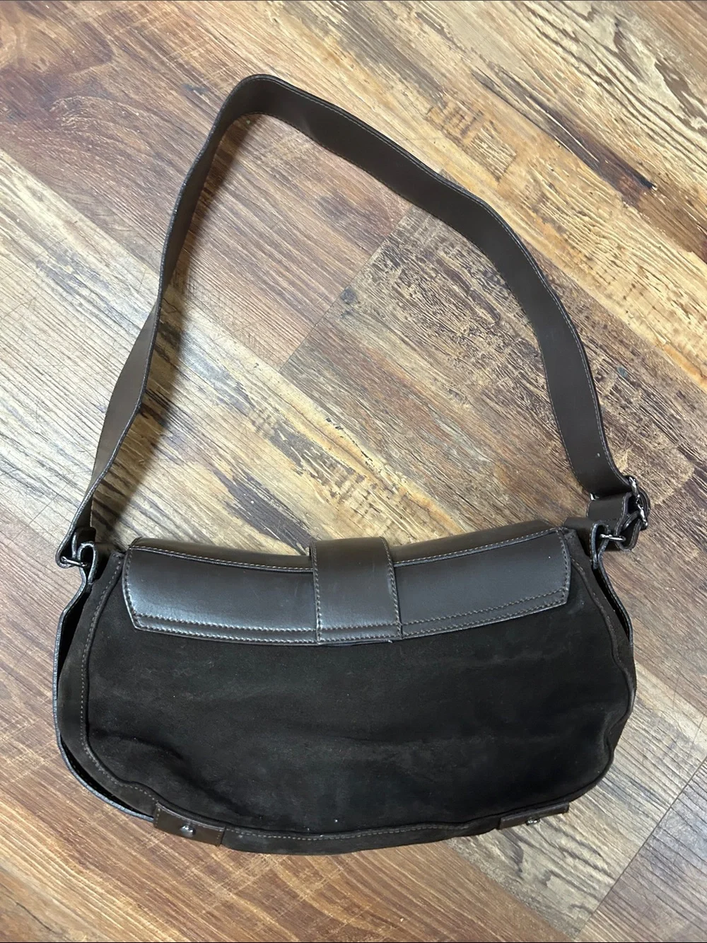 Chocolate Brown Leather & Suede Shoulder Bag with Buckle Accent